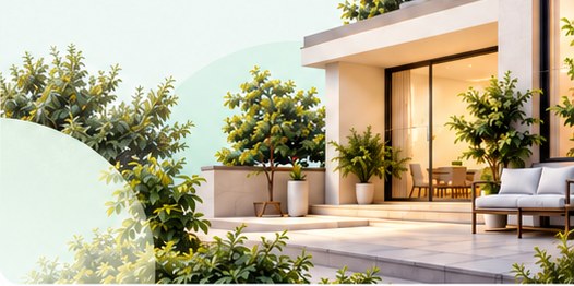Maison contemporaine avec terrasse et végétation